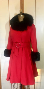 60s Mod Red Lilli Ann Fit and Flare Black Fox Fur Trim Coat Belted Kate Middleton S/M Princess Pinup Holiday Valentine's Day Coat