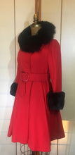 Load image into Gallery viewer, 60s Mod Red Lilli Ann Fit and Flare Black Fox Fur Trim Coat Belted Kate Middleton S/M Princess Pinup Holiday Valentine&#39;s Day Coat