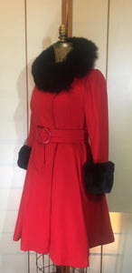 60s Mod Red Lilli Ann Fit and Flare Black Fox Fur Trim Coat Belted Kate Middleton S/M Princess Pinup Holiday Valentine's Day Coat