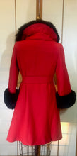 Load image into Gallery viewer, 60s Mod Red Lilli Ann Fit and Flare Black Fox Fur Trim Coat Belted Kate Middleton S/M Princess Pinup Holiday Valentine&#39;s Day Coat