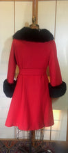 Load image into Gallery viewer, 60s Mod Red Lilli Ann Fit and Flare Black Fox Fur Trim Coat Belted Kate Middleton S/M Princess Pinup Holiday Valentine&#39;s Day Coat