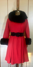 Load image into Gallery viewer, 60s Mod Red Lilli Ann Fit and Flare Black Fox Fur Trim Coat Belted Kate Middleton S/M Princess Pinup Holiday Valentine&#39;s Day Coat