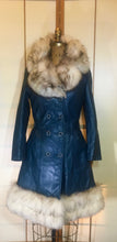 Load image into Gallery viewer, 60s Mod Coat Teal Blue Leather Princess Fit and Flare Silver  Fox Fur Double Breasted  S/M