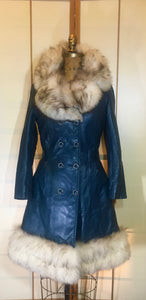 60s Mod Coat Teal Blue Leather Princess Fit and Flare Silver  Fox Fur Double Breasted  S/M