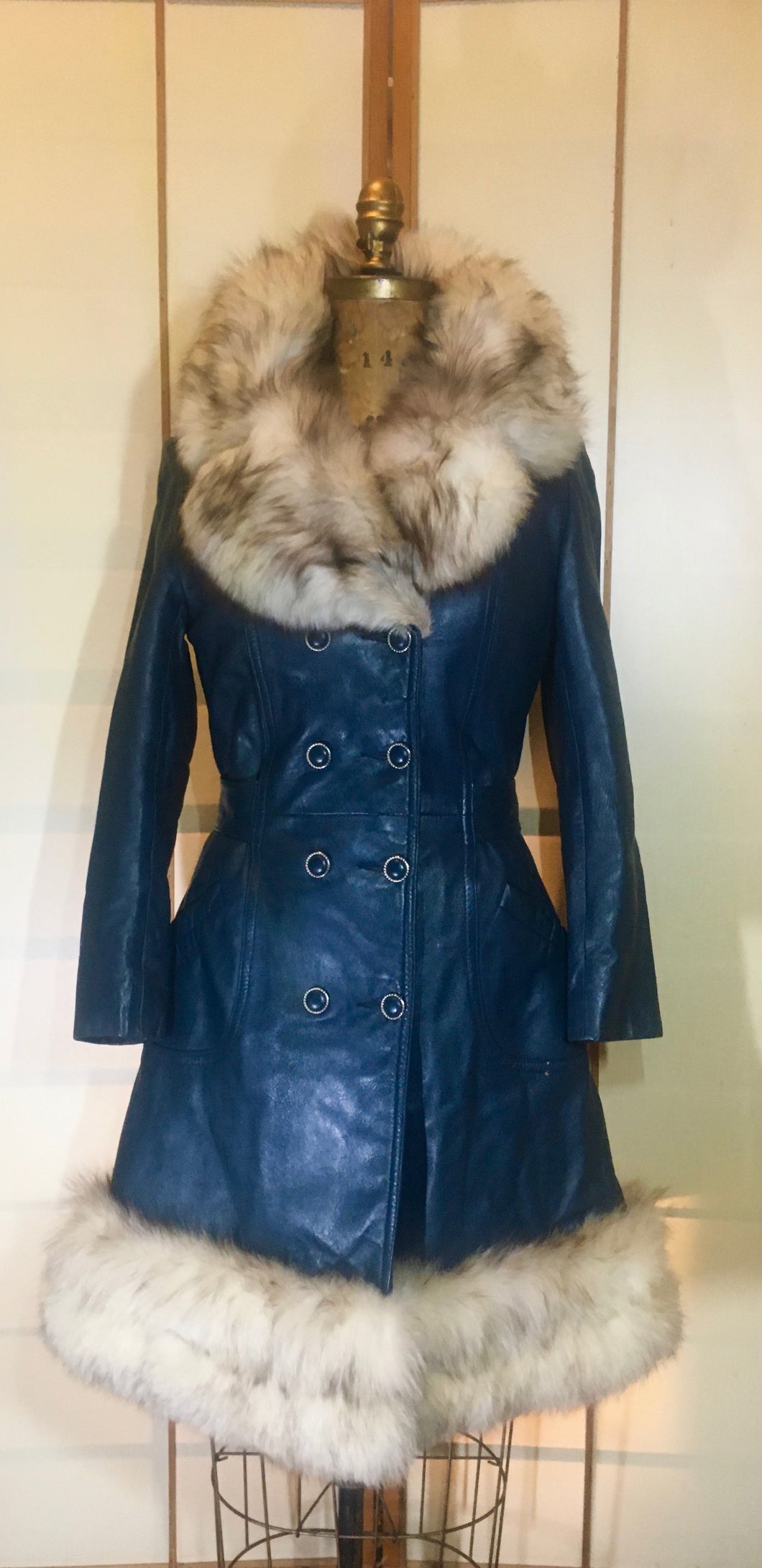 60s Mod Coat Teal Blue Leather Princess Fit and Flare Silver  Fox Fur Double Breasted  S/M