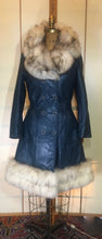 Load image into Gallery viewer, 60s Mod Coat Teal Blue Leather Princess Fit and Flare Silver  Fox Fur Double Breasted  S/M