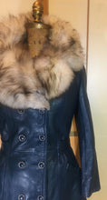 Load image into Gallery viewer, 60s Mod Coat Teal Blue Leather Princess Fit and Flare Silver  Fox Fur Double Breasted  S/M