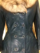 Load image into Gallery viewer, 60s Mod Coat Teal Blue Leather Princess Fit and Flare Silver  Fox Fur Double Breasted  S/M