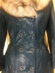 60s Mod Coat Teal Blue Leather Princess Fit and Flare Silver  Fox Fur Double Breasted  S/M