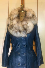 Load image into Gallery viewer, 60s Mod Coat Teal Blue Leather Princess Fit and Flare Silver  Fox Fur Double Breasted  S/M