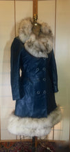 Load image into Gallery viewer, 60s Mod Coat Teal Blue Leather Princess Fit and Flare Silver  Fox Fur Double Breasted  S/M