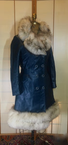 60s Mod Coat Teal Blue Leather Princess Fit and Flare Silver  Fox Fur Double Breasted  S/M