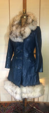 Load image into Gallery viewer, 60s Mod Coat Teal Blue Leather Princess Fit and Flare Silver  Fox Fur Double Breasted  S/M