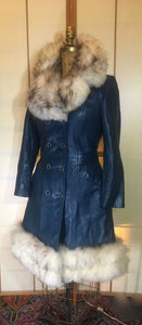 60s Mod Coat Teal Blue Leather Princess Fit and Flare Silver  Fox Fur Double Breasted  S/M