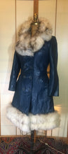 Load image into Gallery viewer, 60s Mod Coat Teal Blue Leather Princess Fit and Flare Silver  Fox Fur Double Breasted  S/M