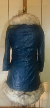 Load image into Gallery viewer, 60s Mod Coat Teal Blue Leather Princess Fit and Flare Silver  Fox Fur Double Breasted  S/M