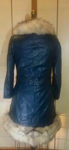 60s Mod Coat Teal Blue Leather Princess Fit and Flare Silver  Fox Fur Double Breasted  S/M