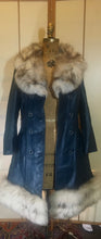 Load image into Gallery viewer, 60s Mod Coat Teal Blue Leather Princess Fit and Flare Silver  Fox Fur Double Breasted  S/M