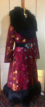 Load image into Gallery viewer, RESERVED FOR SANDRA--1970s Red Black  Shearling Carpet Coat Lamb Collar Goat Hair Trim Floral Tapestry Coat Afghan Thick Brocade RARE Penny Lane Almost Famous Red Black S/M/L