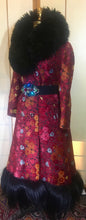 Load image into Gallery viewer, RESERVED FOR SANDRA--1970s Red Black  Shearling Carpet Coat Lamb Collar Goat Hair Trim Floral Tapestry Coat Afghan Thick Brocade RARE Penny Lane Almost Famous Red Black S/M/L