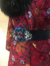 Load image into Gallery viewer, RESERVED FOR SANDRA--1970s Red Black  Shearling Carpet Coat Lamb Collar Goat Hair Trim Floral Tapestry Coat Afghan Thick Brocade RARE Penny Lane Almost Famous Red Black S/M/L