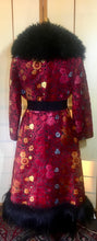 Load image into Gallery viewer, RESERVED FOR SANDRA--1970s Red Black  Shearling Carpet Coat Lamb Collar Goat Hair Trim Floral Tapestry Coat Afghan Thick Brocade RARE Penny Lane Almost Famous Red Black S/M/L