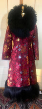 Load image into Gallery viewer, RESERVED FOR SANDRA--1970s Red Black  Shearling Carpet Coat Lamb Collar Goat Hair Trim Floral Tapestry Coat Afghan Thick Brocade RARE Penny Lane Almost Famous Red Black S/M/L