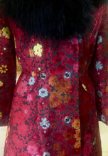 Load image into Gallery viewer, RESERVED FOR SANDRA--1970s Red Black  Shearling Carpet Coat Lamb Collar Goat Hair Trim Floral Tapestry Coat Afghan Thick Brocade RARE Penny Lane Almost Famous Red Black S/M/L