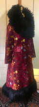 Load image into Gallery viewer, RESERVED FOR SANDRA--1970s Red Black  Shearling Carpet Coat Lamb Collar Goat Hair Trim Floral Tapestry Coat Afghan Thick Brocade RARE Penny Lane Almost Famous Red Black S/M/L