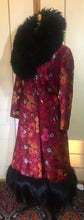 Load image into Gallery viewer, RESERVED FOR SANDRA--1970s Red Black  Shearling Carpet Coat Lamb Collar Goat Hair Trim Floral Tapestry Coat Afghan Thick Brocade RARE Penny Lane Almost Famous Red Black S/M/L