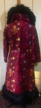 Load image into Gallery viewer, RESERVED FOR SANDRA--1970s Red Black  Shearling Carpet Coat Lamb Collar Goat Hair Trim Floral Tapestry Coat Afghan Thick Brocade RARE Penny Lane Almost Famous Red Black S/M/L
