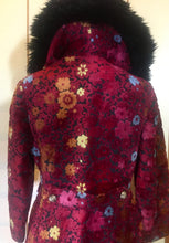 Load image into Gallery viewer, RESERVED FOR SANDRA--1970s Red Black  Shearling Carpet Coat Lamb Collar Goat Hair Trim Floral Tapestry Coat Afghan Thick Brocade RARE Penny Lane Almost Famous Red Black S/M/L