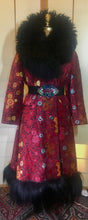 Load image into Gallery viewer, RESERVED FOR SANDRA--1970s Red Black  Shearling Carpet Coat Lamb Collar Goat Hair Trim Floral Tapestry Coat Afghan Thick Brocade RARE Penny Lane Almost Famous Red Black S/M/L