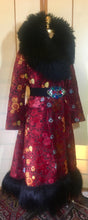 Load image into Gallery viewer, RESERVED FOR SANDRA--1970s Red Black  Shearling Carpet Coat Lamb Collar Goat Hair Trim Floral Tapestry Coat Afghan Thick Brocade RARE Penny Lane Almost Famous Red Black S/M/L