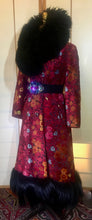 Load image into Gallery viewer, RESERVED FOR SANDRA--1970s Red Black  Shearling Carpet Coat Lamb Collar Goat Hair Trim Floral Tapestry Coat Afghan Thick Brocade RARE Penny Lane Almost Famous Red Black S/M/L