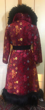 Load image into Gallery viewer, RESERVED FOR SANDRA--1970s Red Black  Shearling Carpet Coat Lamb Collar Goat Hair Trim Floral Tapestry Coat Afghan Thick Brocade RARE Penny Lane Almost Famous Red Black S/M/L