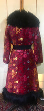 Load image into Gallery viewer, RESERVED FOR SANDRA--1970s Red Black  Shearling Carpet Coat Lamb Collar Goat Hair Trim Floral Tapestry Coat Afghan Thick Brocade RARE Penny Lane Almost Famous Red Black S/M/L