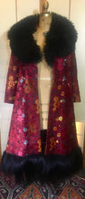 Load image into Gallery viewer, RESERVED FOR SANDRA--1970s Red Black  Shearling Carpet Coat Lamb Collar Goat Hair Trim Floral Tapestry Coat Afghan Thick Brocade RARE Penny Lane Almost Famous Red Black S/M/L