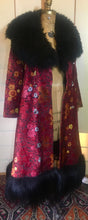 Load image into Gallery viewer, RESERVED FOR SANDRA--1970s Red Black  Shearling Carpet Coat Lamb Collar Goat Hair Trim Floral Tapestry Coat Afghan Thick Brocade RARE Penny Lane Almost Famous Red Black S/M/L