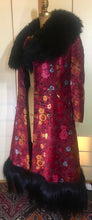 Load image into Gallery viewer, RESERVED FOR SANDRA--1970s Red Black  Shearling Carpet Coat Lamb Collar Goat Hair Trim Floral Tapestry Coat Afghan Thick Brocade RARE Penny Lane Almost Famous Red Black S/M/L