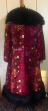 Load image into Gallery viewer, RESERVED FOR SANDRA--1970s Red Black  Shearling Carpet Coat Lamb Collar Goat Hair Trim Floral Tapestry Coat Afghan Thick Brocade RARE Penny Lane Almost Famous Red Black S/M/L