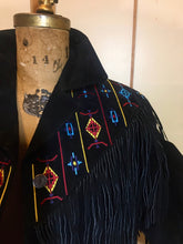 Load image into Gallery viewer, Vintage coat--Fringe Suede Embroidered Western Cowgirl Black Jacket Coat Up to 40" Bust
