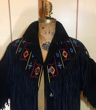 Load image into Gallery viewer, Vintage coat--Fringe Suede Embroidered Western Cowgirl Black Jacket Coat Up to 40" Bust