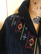 Load image into Gallery viewer, Vintage coat--Fringe Suede Embroidered Western Cowgirl Black Jacket Coat Up to 40" Bust