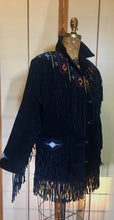 Load image into Gallery viewer, Vintage coat--Fringe Suede Embroidered Western Cowgirl Black Jacket Coat Up to 40" Bust