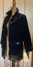 Load image into Gallery viewer, Vintage coat--Fringe Suede Embroidered Western Cowgirl Black Jacket Coat Up to 40" Bust
