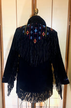 Load image into Gallery viewer, Vintage coat--Fringe Suede Embroidered Western Cowgirl Black Jacket Coat Up to 40" Bust