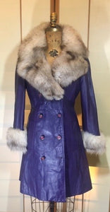 Vintage Coat- 70s Purple Leather Fox Fur Princess Coat Hippy Boho Princess Fit Flare S/M Trench Spy