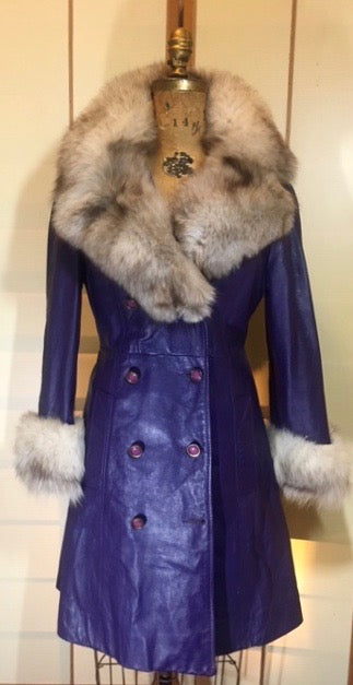 Vintage Coat- 70s Purple Leather Fox Fur Princess Coat Hippy Boho Princess Fit Flare S/M Trench Spy