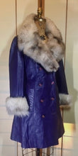 Load image into Gallery viewer, Vintage Coat- 70s Purple Leather Fox Fur Princess Coat Hippy Boho Princess Fit Flare S/M Trench Spy